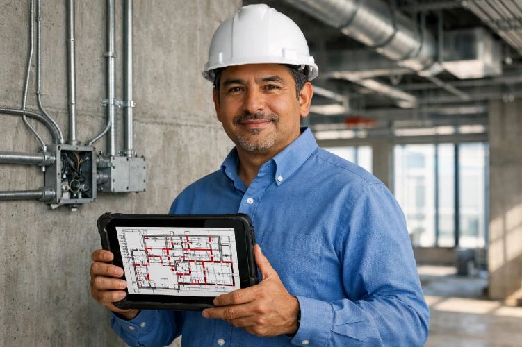 ingeniero revisando planos as built tablet construccion